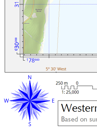 Extract of a Map Maker map showing a compass rose, scale bar and grid reference