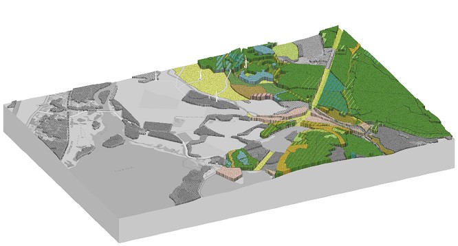 Orthographic view where the areas outside of the project are shown in grey